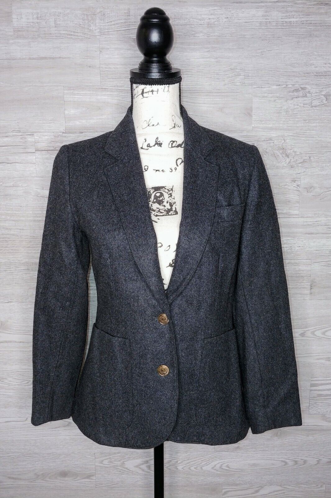 VINTAGE Preloved Worthington 100% Wool Women's Charcoal Grey Lined 2 Button Blazer Size 4