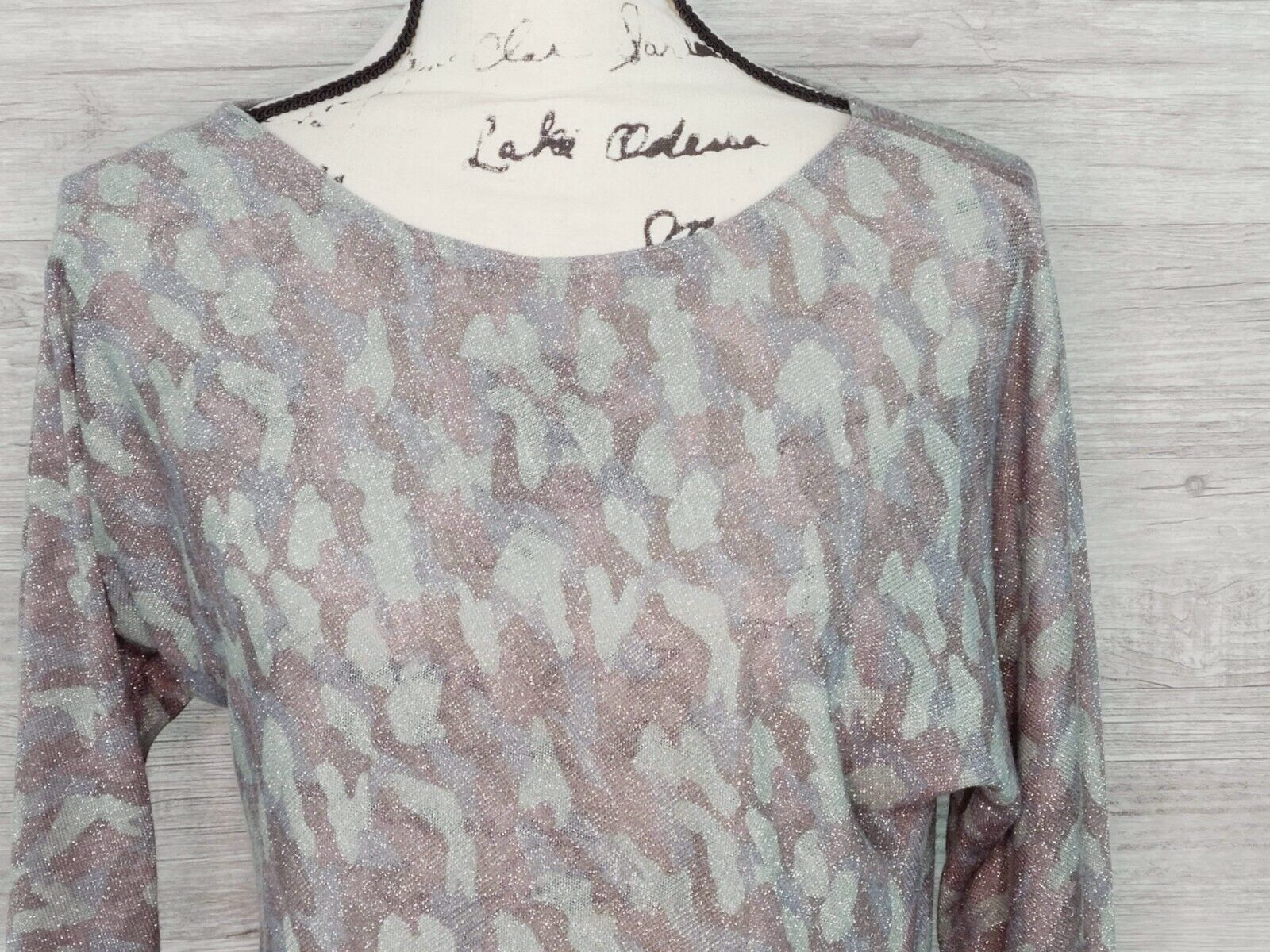 INC Women's Metallic Olive Camo-Print Semi-Sheer Long Sleeve Top Size Small