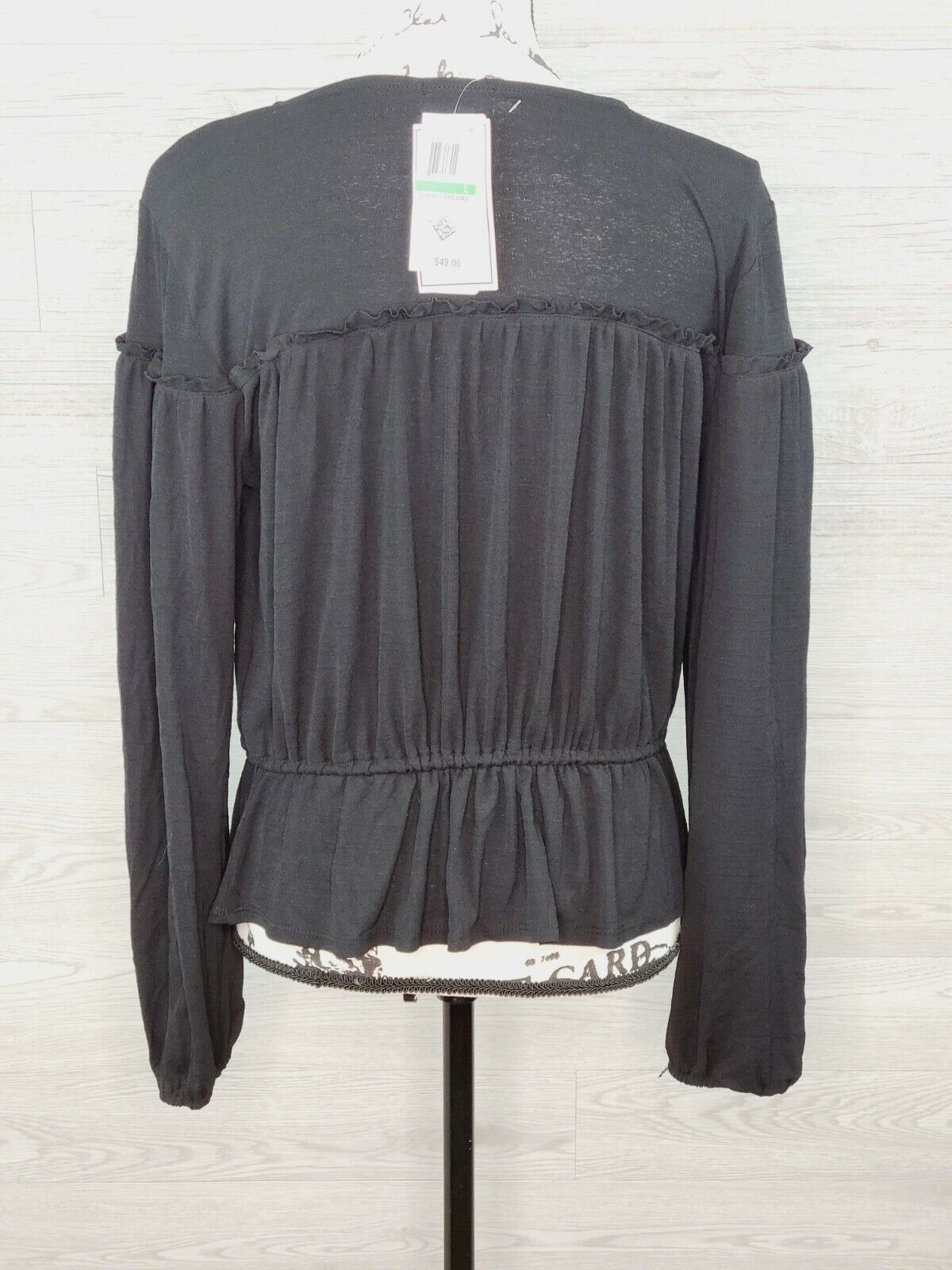 Kit + Sky Women's Black Long Sleeve Ruffle Knit Tie Waist Blouse Size Large