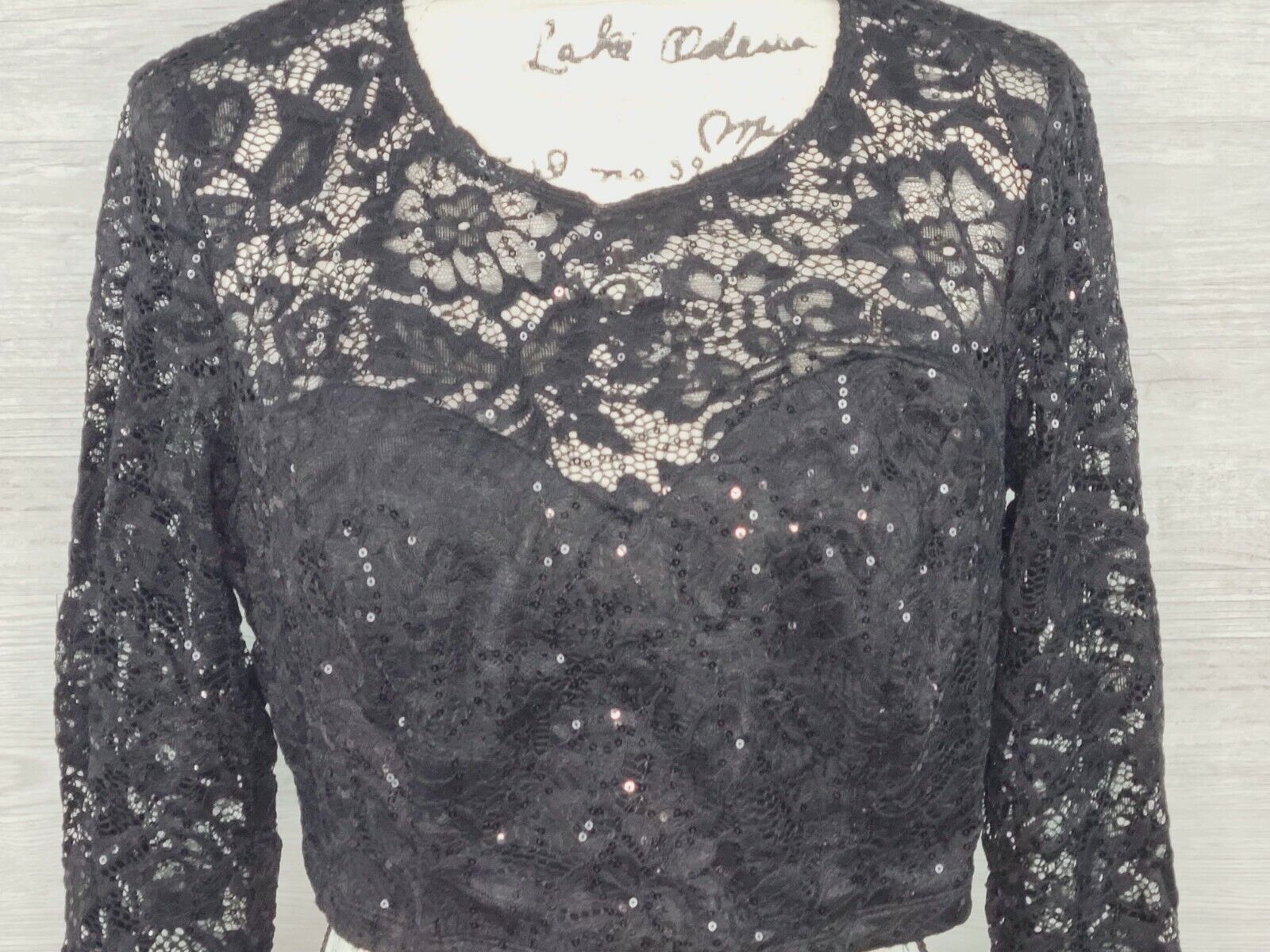 B Darlin Women's Black Trendy Plus Sequined Lace Long Sleeve Top Size 14