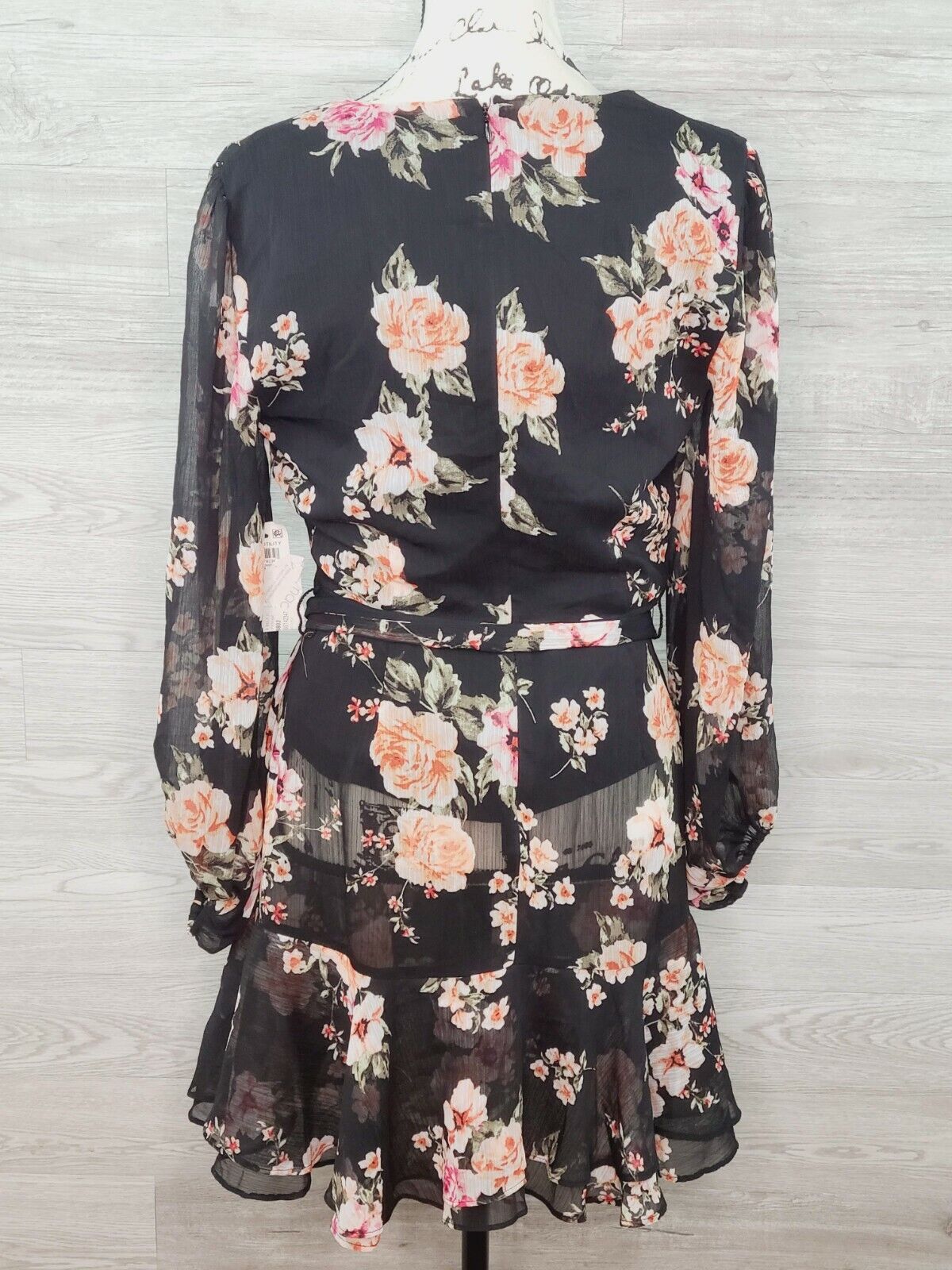 BAR III Women Black Chiffon Floral Long Sleeve V-Neck Midi Dress Size Medium