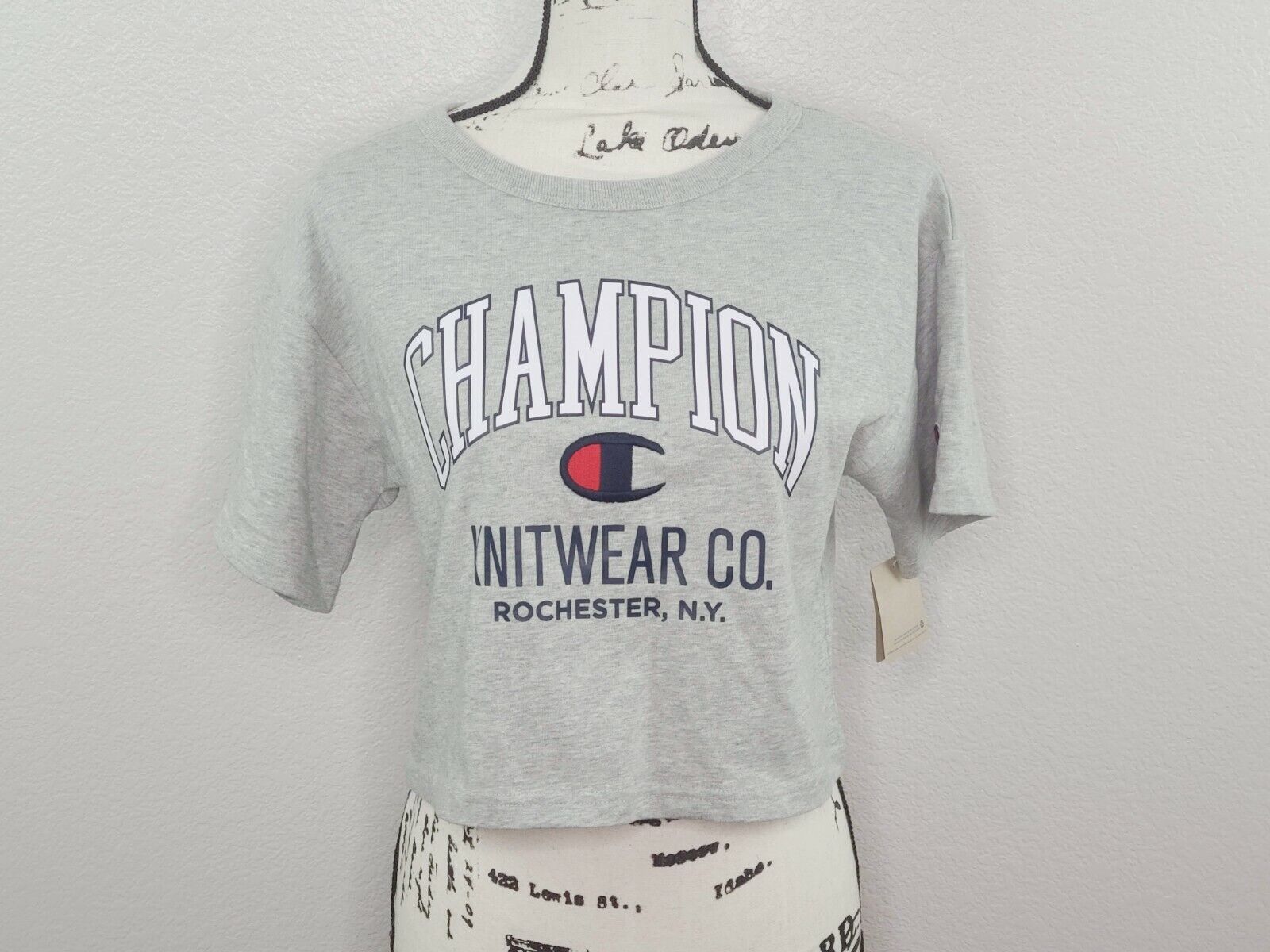 Champion Women's Gray White & Blue Short Sleeve Athletic Crop T-Shirt Size XS