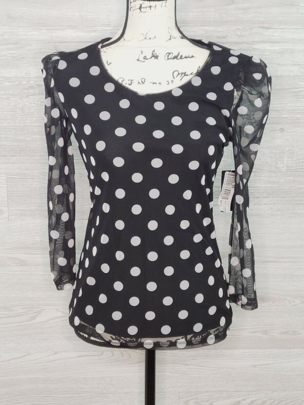 INC Women's Black Polka Dot Sheer Long Sleeve Jewel Neck Top Size Small