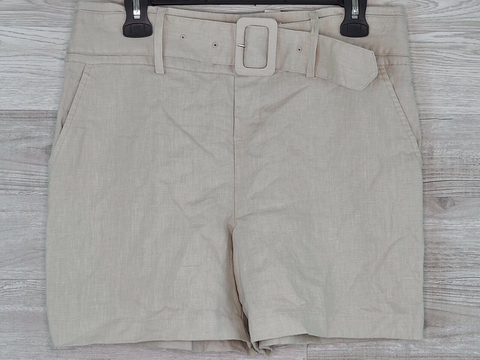 INC Women's Solid Khaki Beige Linen Belted Chino Shorts Size Medium