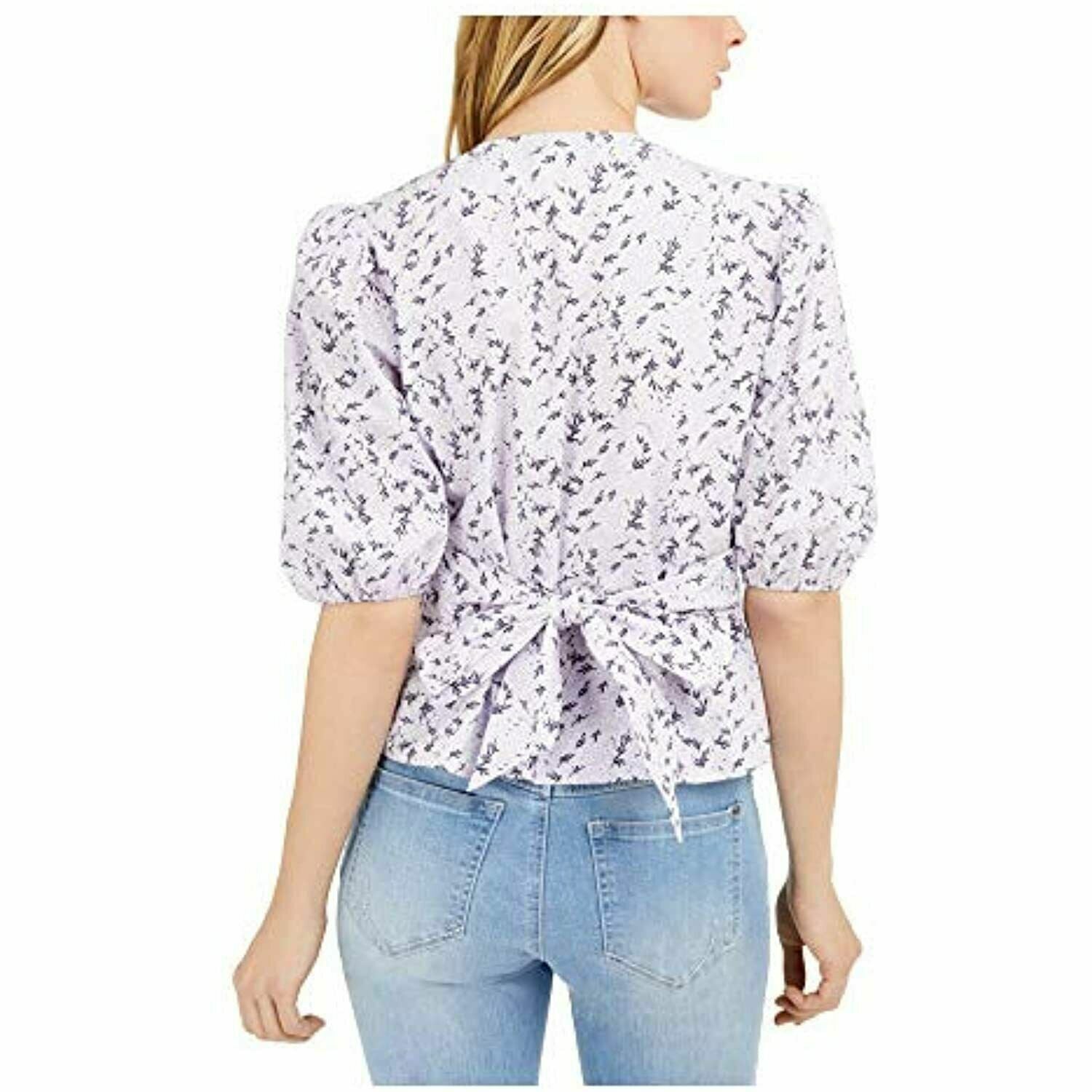 INC Women's Light Purple Floral Puff-Sleeve Tie Back V-Neck Blouse Size Small