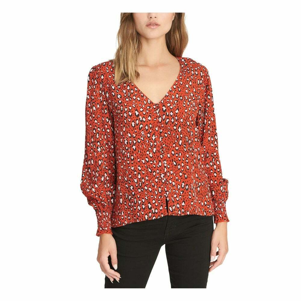 Sanctuary Women's Red V-Neck Button Animal Print Long Sleeve Top Size Small