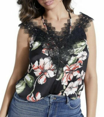 Guess Izabella Women's Black Lace-Trim Floral Print Tank Top Blouse Size XS