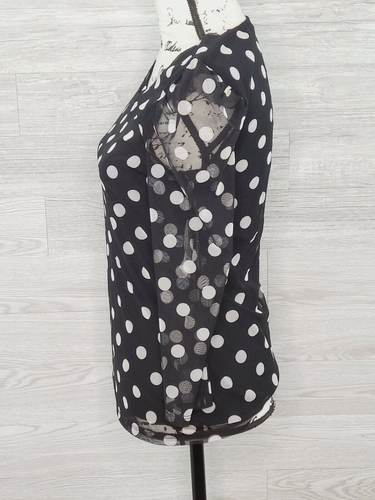 INC Women's Black Polka Dot Sheer Long Sleeve Jewel Neck Top Size Small