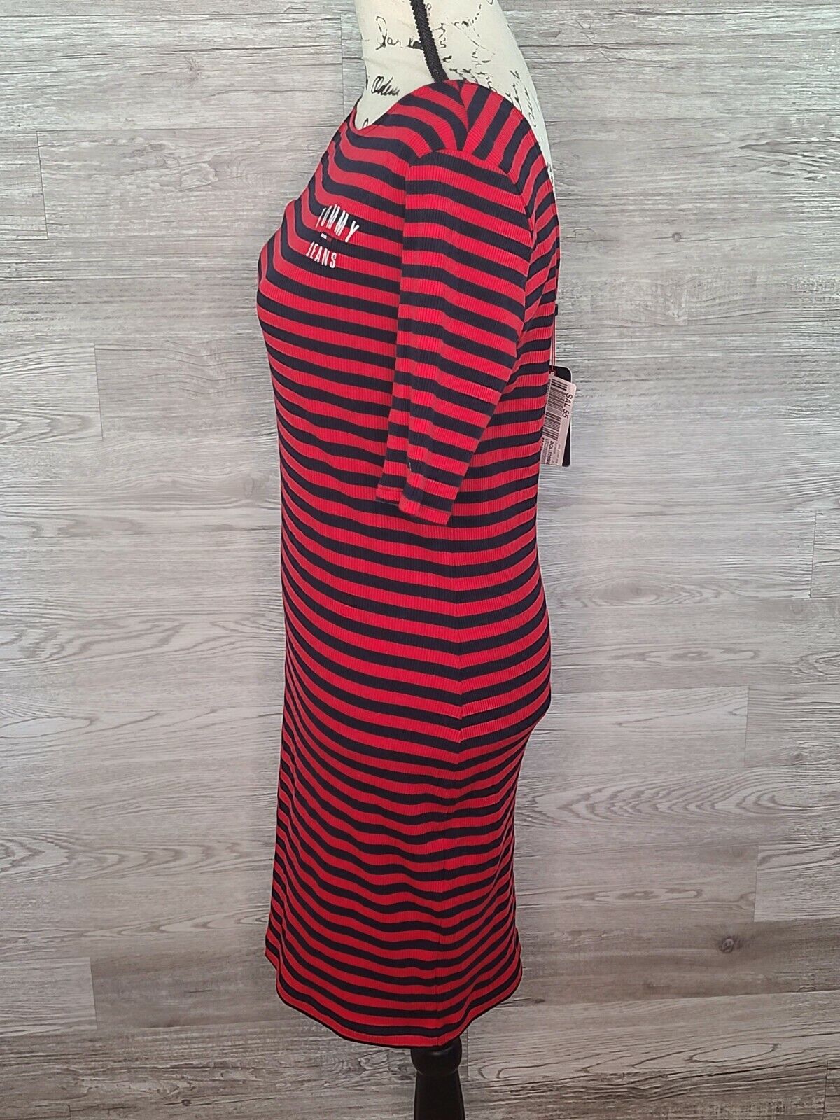 Tommy Jeans Women's Red & Blue Striped Ribbed Short Sleeve Dress Size Medium