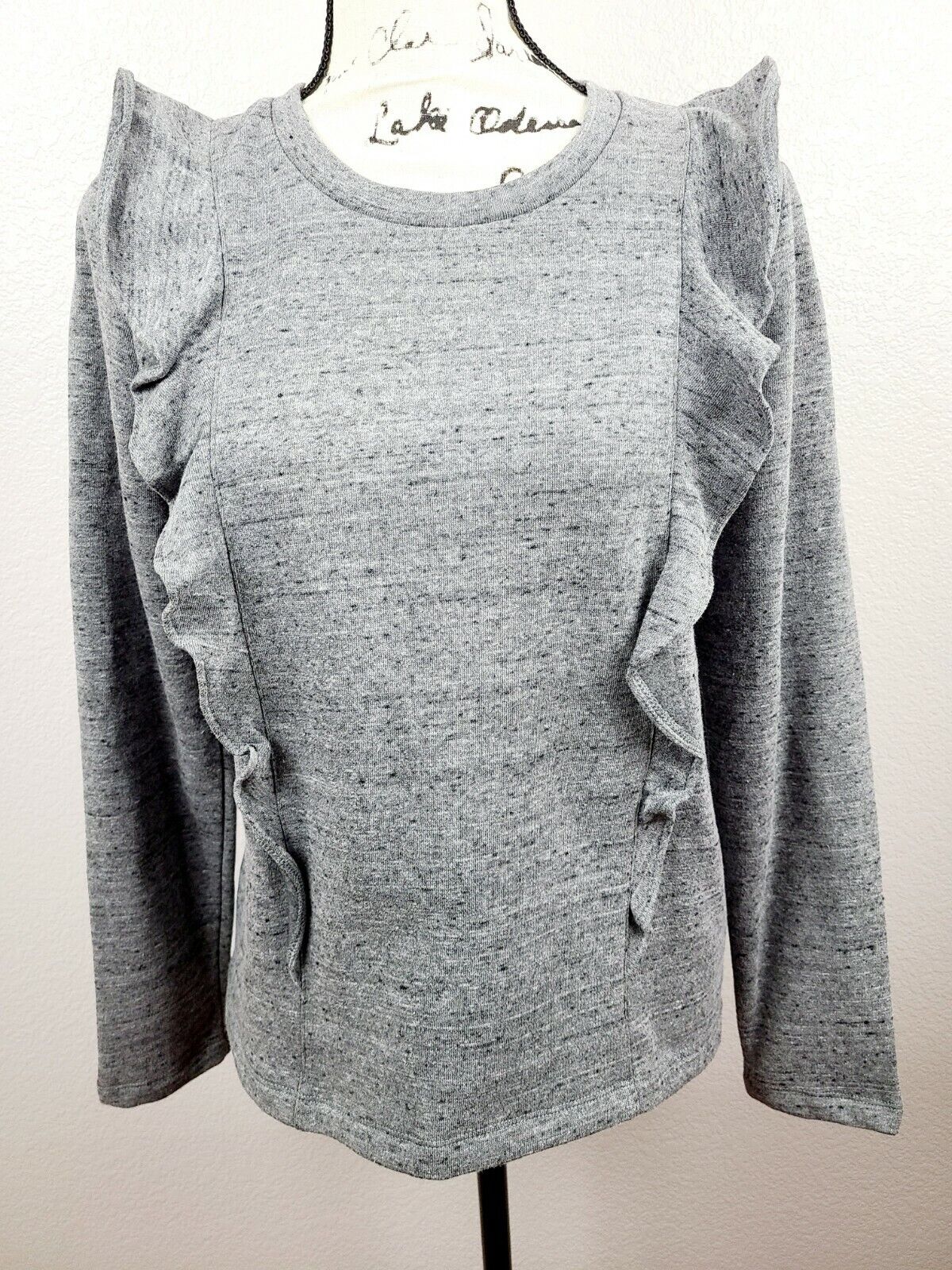 J Crew Mercantile Women's Gray Ruffle Crew Neck Long Sleeve Pullover Size Small