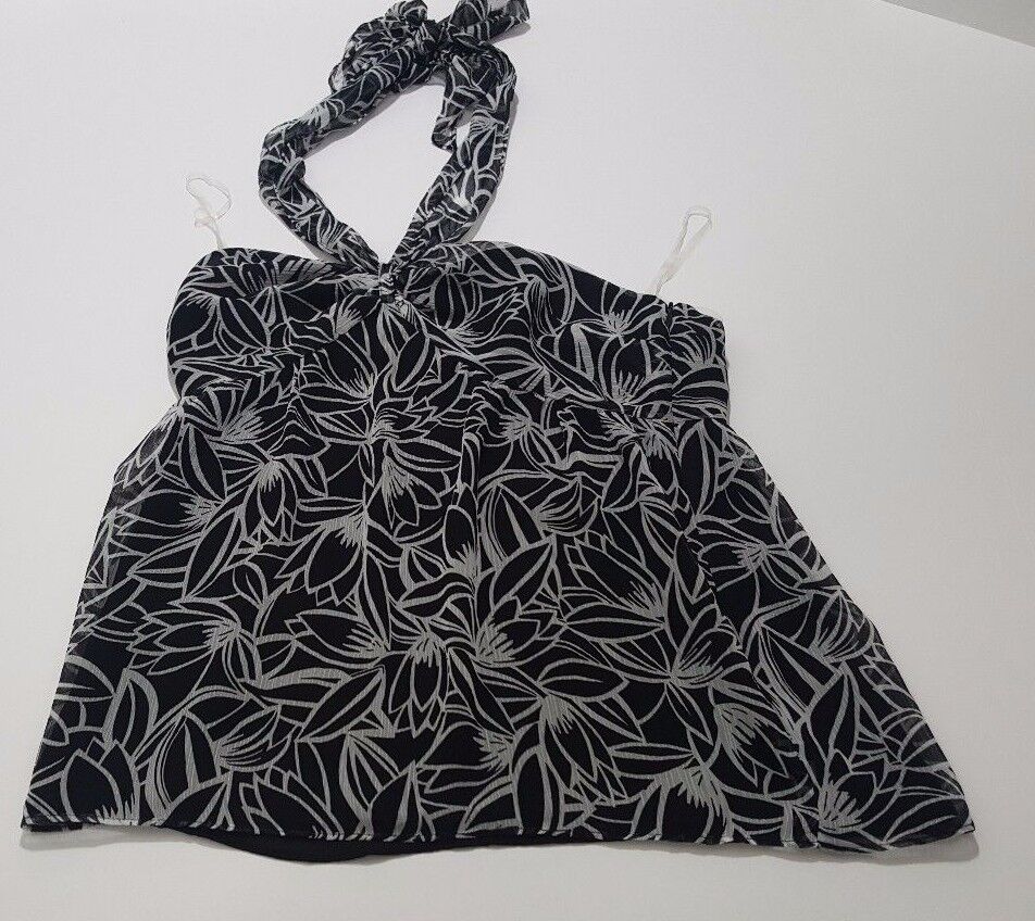 Ann Taylor Loft Women's Black & Gray Floral Print Tie Neck Halter Top Size 0