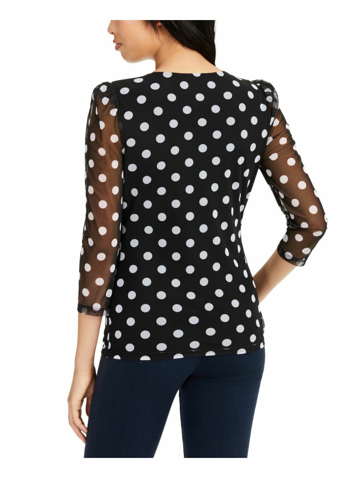 INC Women's Black Polka Dot Sheer Long Sleeve Jewel Neck Top Size Small