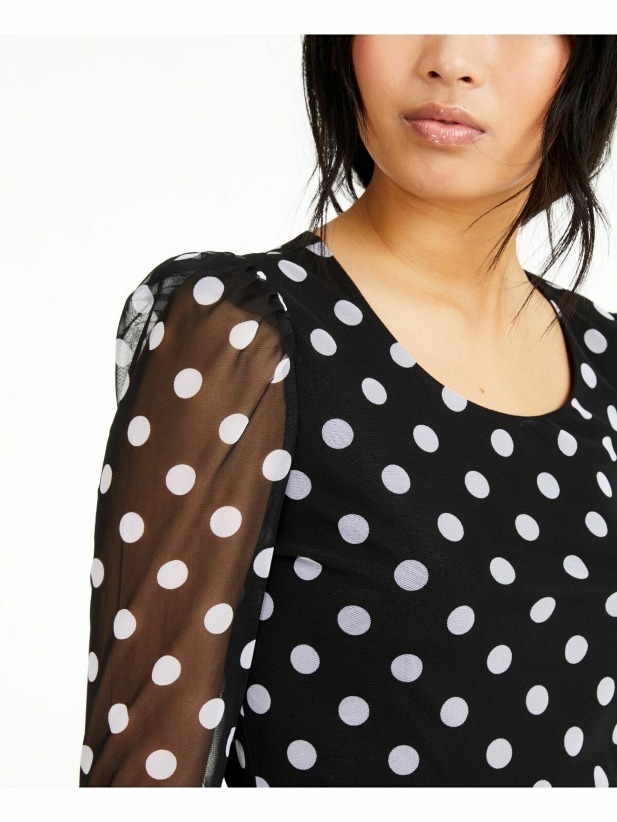 INC Women's Black Polka Dot Sheer Long Sleeve Jewel Neck Top Size Small