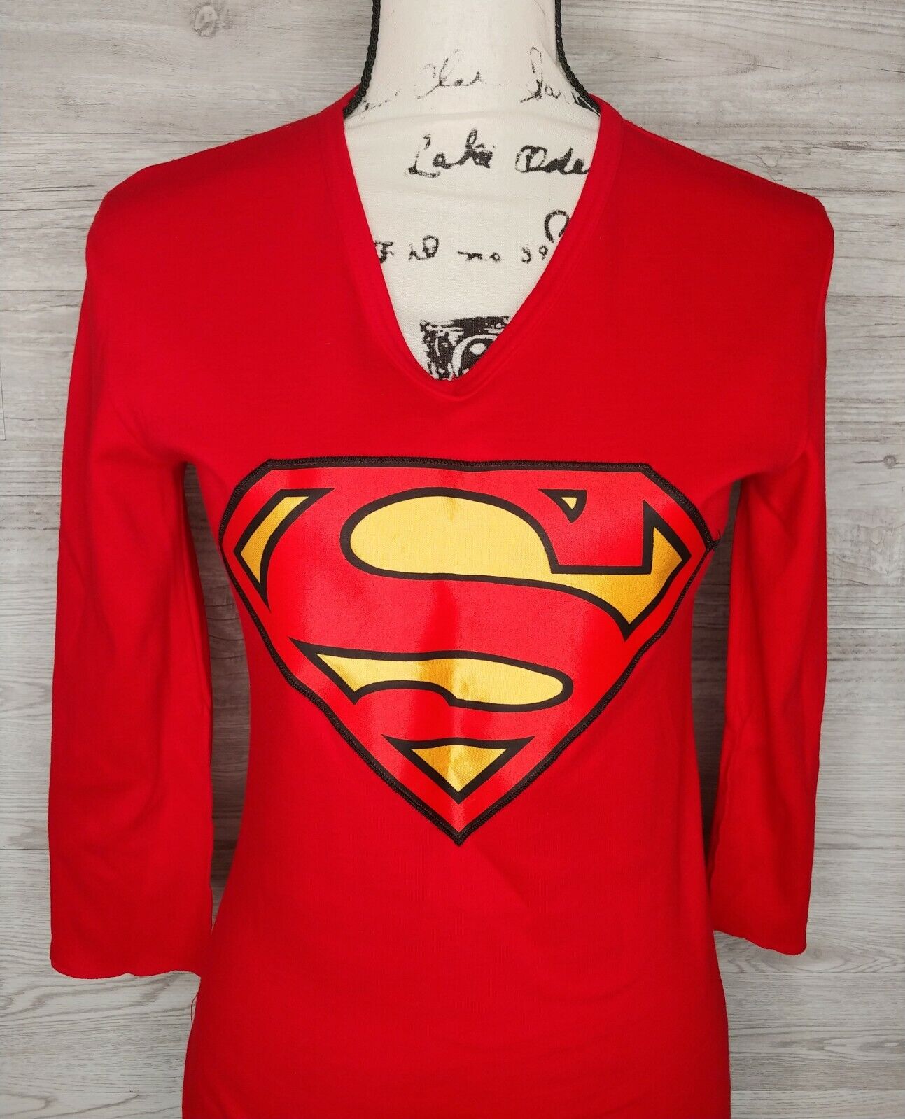 VINTAGE Renelle Exclusives Preloved NY & DC Comics Superman Red 3/4 Sleeve Shirt Size Small