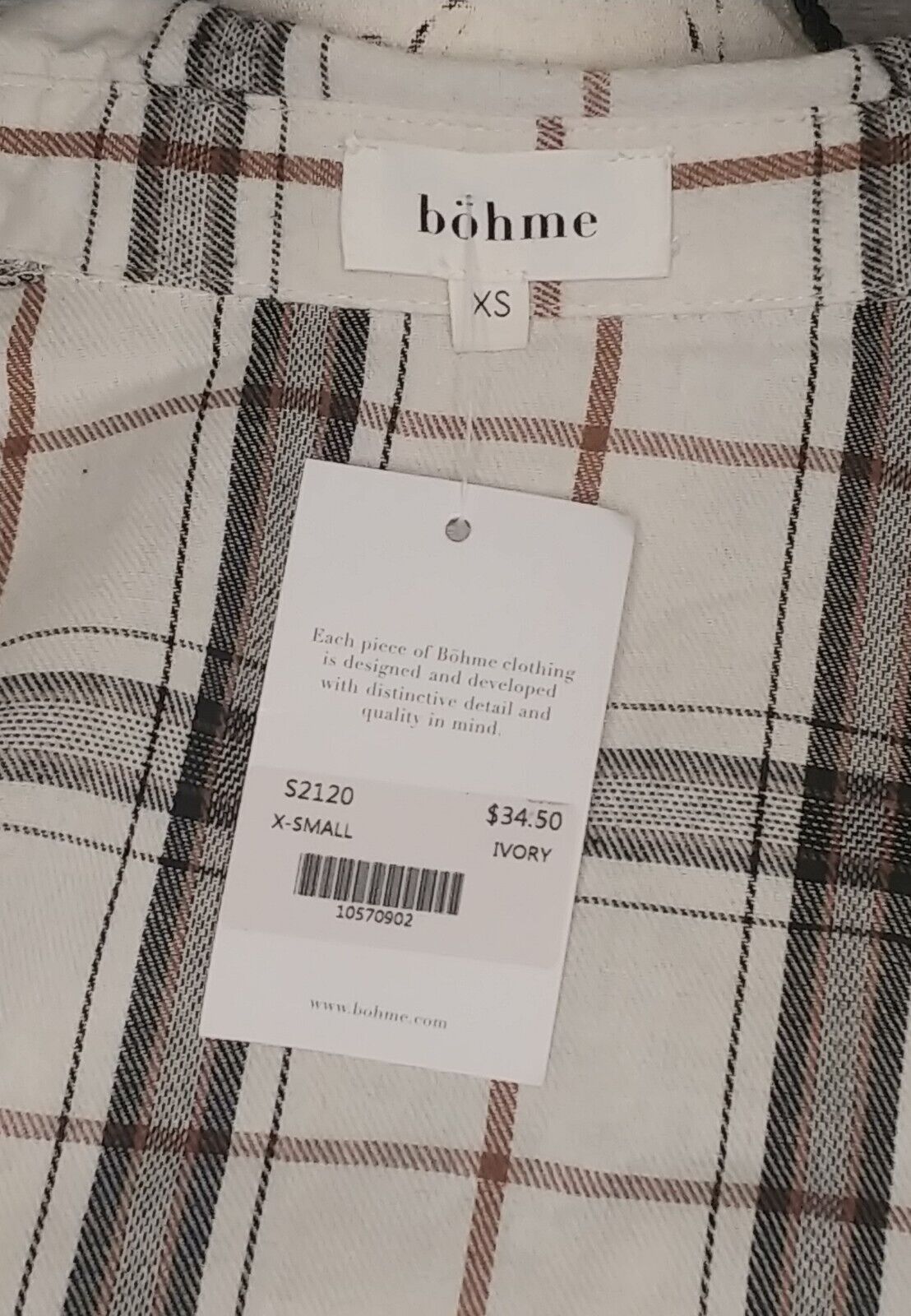 Böhme Women's Button Up, 3/4 Sleeves, Ivory/Black/Brown Plaid Flannel Shirt Size XS