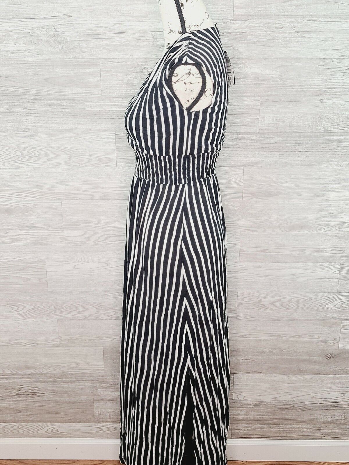 INC Women's Black & White Striped Smocked V-Neck Split-Hem Maxi Dress Size XS