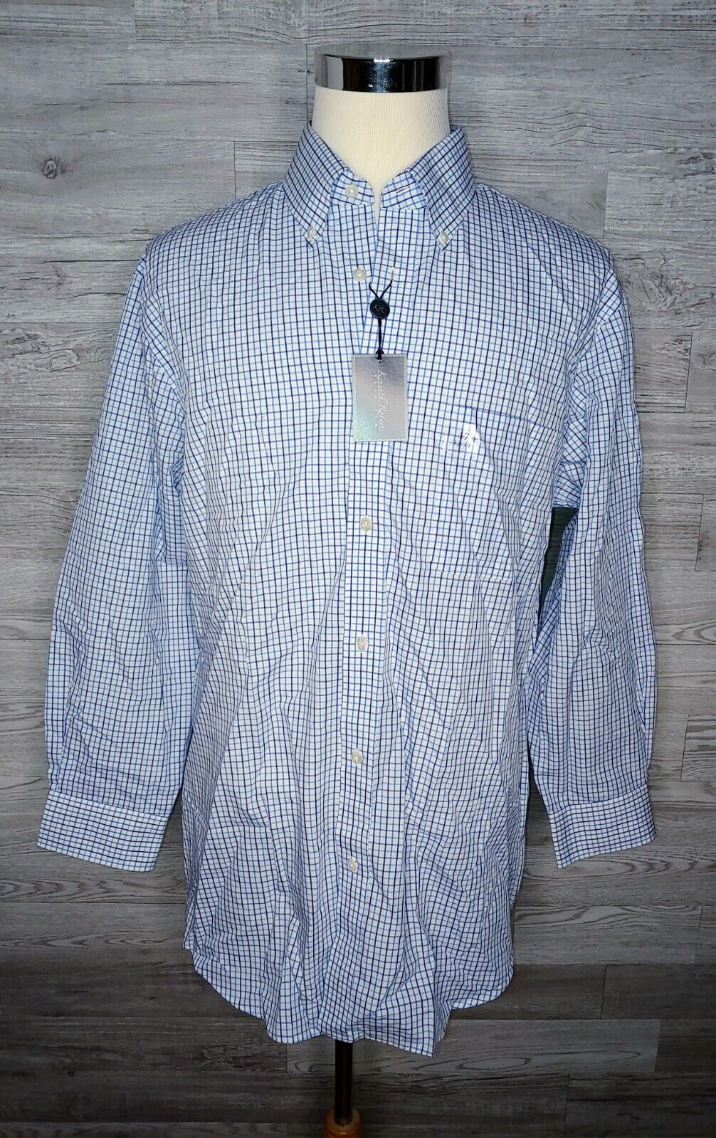 Kenneth Roberts Men's Platinum 80's 2 Ply Cotton Blue Plaid Dress Shirt Size 17  32/33