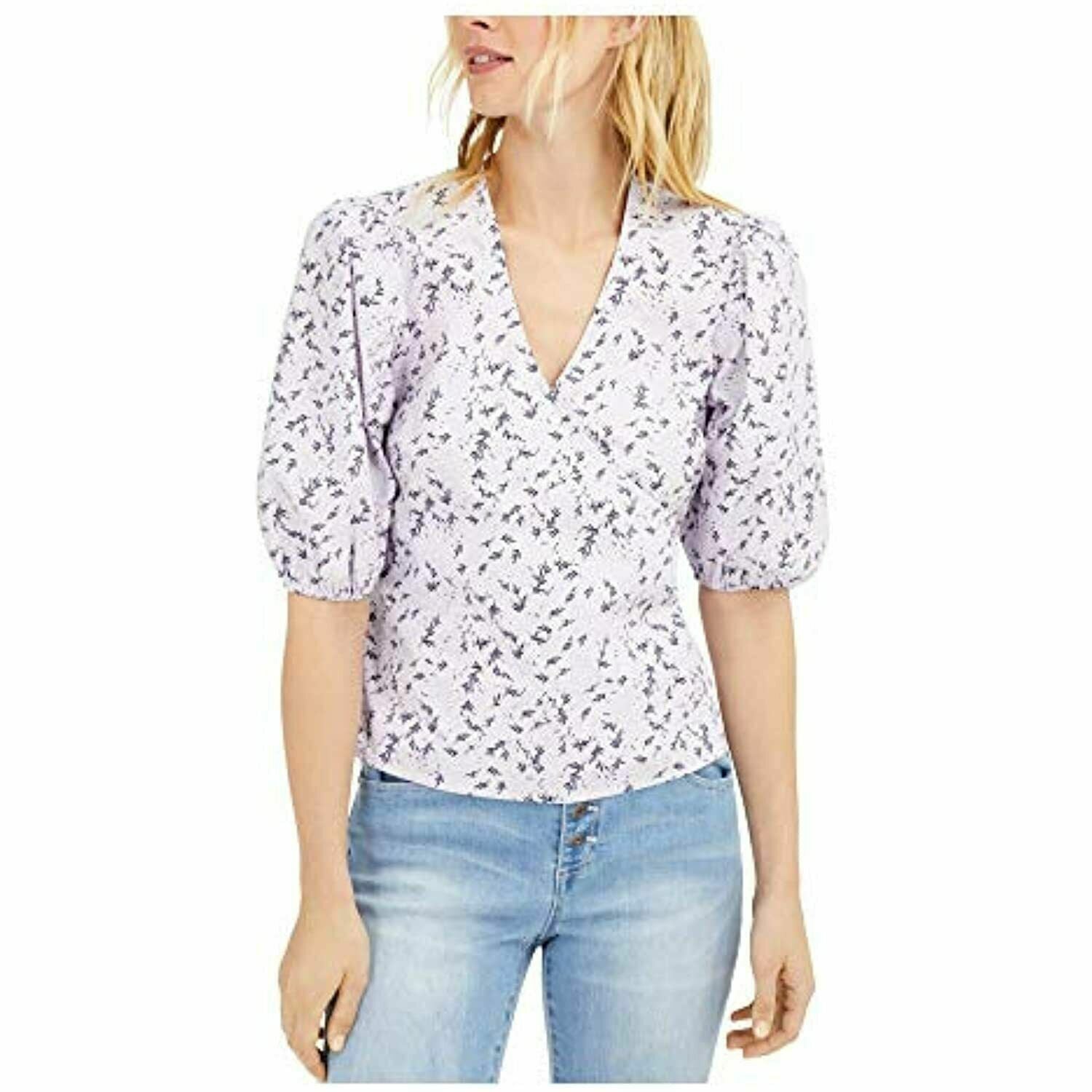 INC Women's Light Purple Floral Puff-Sleeve Tie Back V-Neck Blouse Size Small