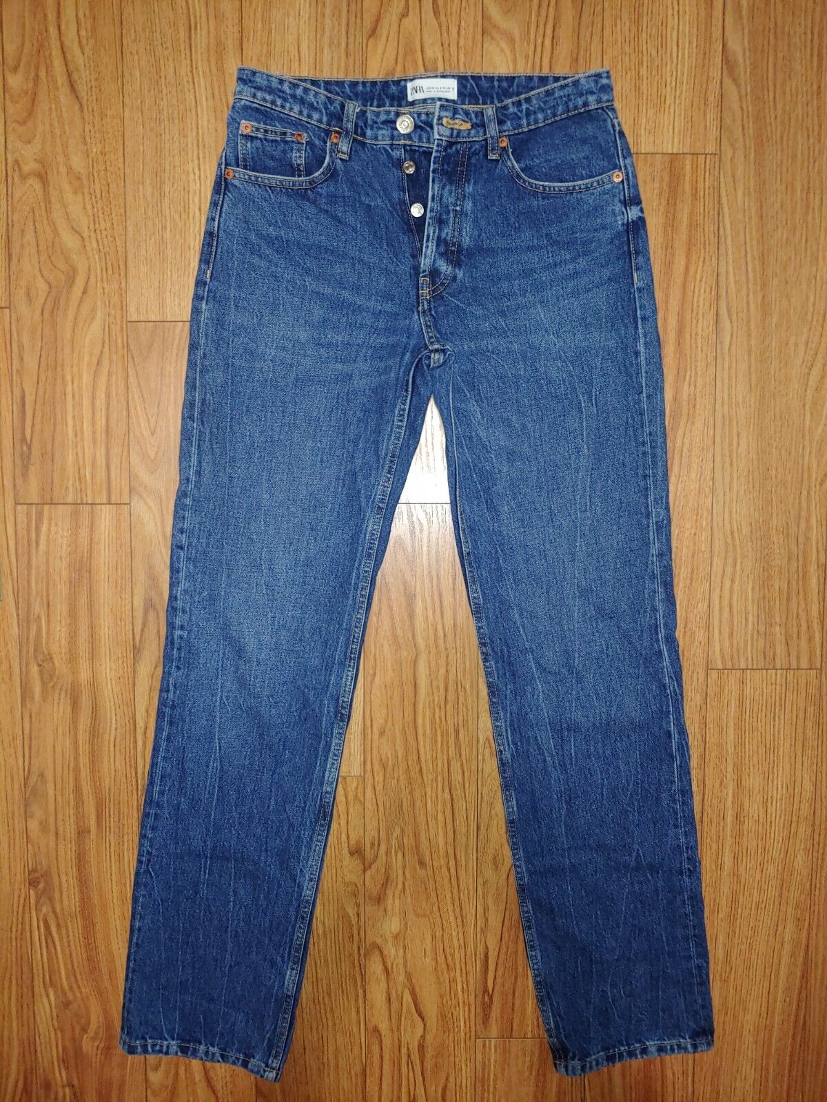 ZARA Mid Rise 100% Cotton Rigid Denim Straight Leg Jeans, Medium Wash Sz 6