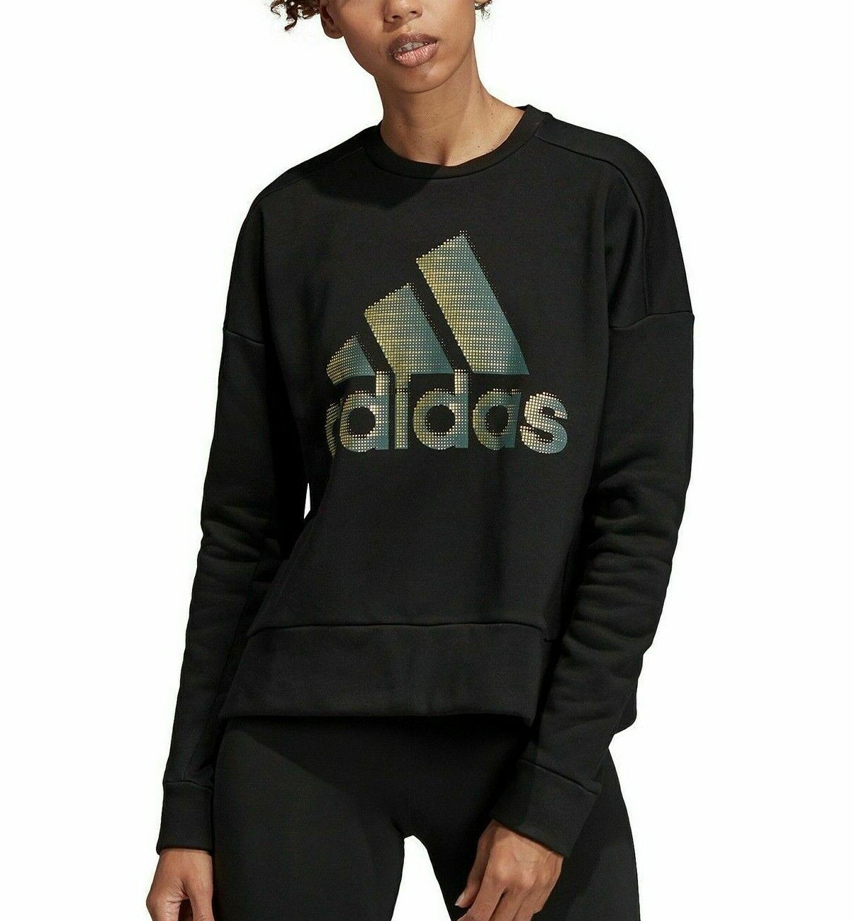 Adidas Women's ID Glam Sweat Black & Gold Crew Neck Sweatshirt Size Large